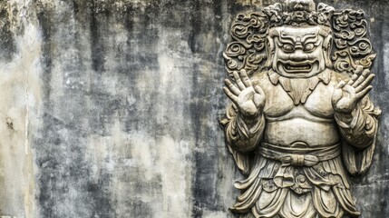 Obraz premium An intricate stone carving of a fierce-looking deity with a beard and elaborate headdress, set against a weathered wall. for philosophy quotes, copy space