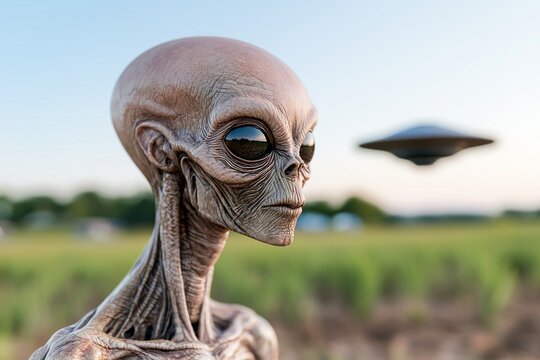 The image shows an alien in a field in the country side.