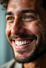 Obraz premium A close-up of a man’s smile highlights his warmth and positivity, showcasing texture and confidence.