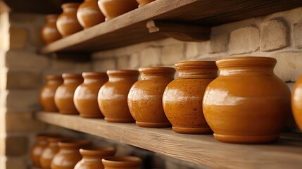 Naklejka premium Old factory workshop filled with handcrafted clay pots on wooden shelves, showcasing artisan craftsmanship in rustic surroundings