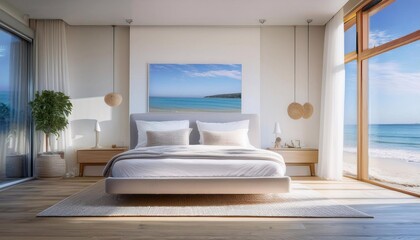 Modern minimalist bedroom interior design overlooking tranquil ocean view