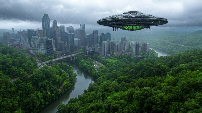 In motionless clouds above the field, an alien saucer hovers above the field in a mystery. Alien invasion, extraterrestrial life, space travel, spaceship. Mixed media.