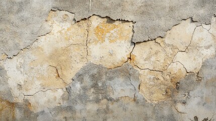 Fototapeta premium Close-up of cracked and peeling wall texture, showcasing natural aging and weathering in neutral tones, perfect for backgrounds.