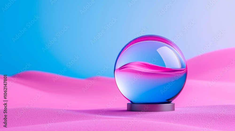 Poster an abstract alien glass spaceship is displayed against a barren desert planet landscape that has bee