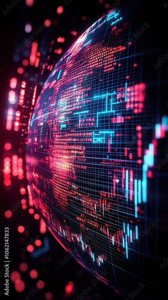 Poster a vibrant digital globe representing global data connections and technology, illuminated with neon c
