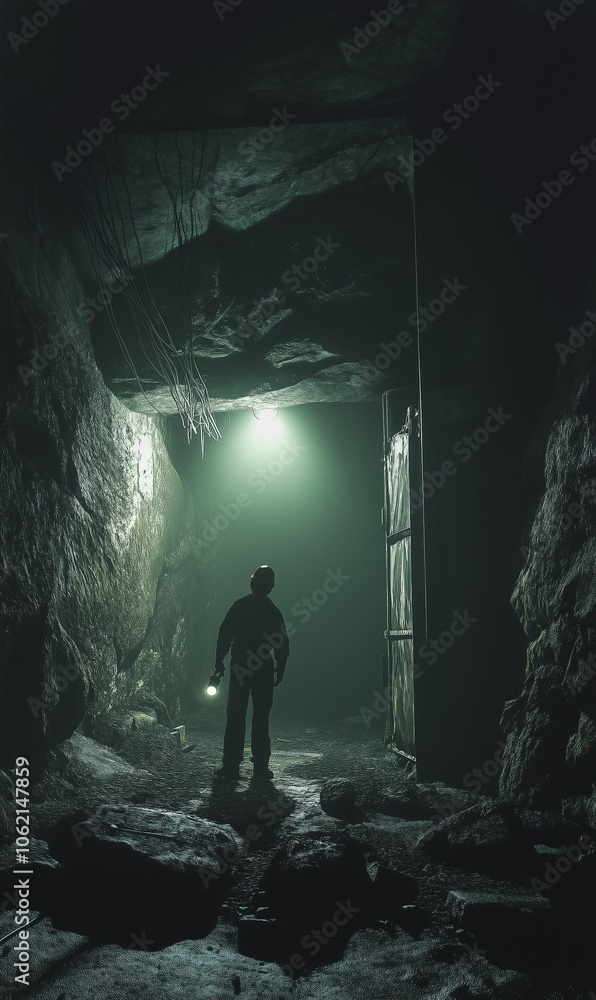 Wall mural miner, holding a small flashlight, fear, terror, background of abandoned and dark mine