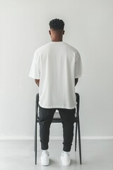 A mockup of the back of a blank white oversized t-shirt, the back of a a man wearing a blank white shirt, black pants and white shoes, in a minimalistic style,generative ai