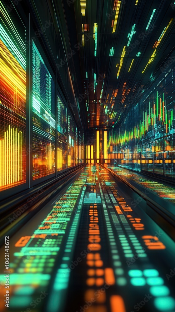 Poster a vibrant digital representation of data streams and charts, showcasing the dynamic nature of techno
