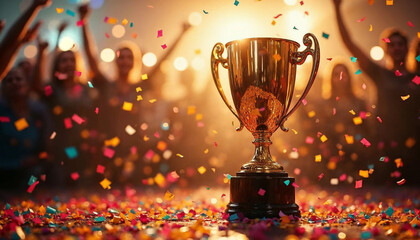Golden trophy amidst colorful confetti, celebrating triumph and success with cheering silhouettes.

