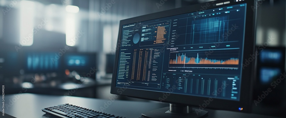 Aufkleber A modern desktop computer with a large monitor displaying graphs and charts.