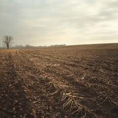 Remains of potato plants and tubers covering a vast agricultural field after harvesting, under a cloudy sky
