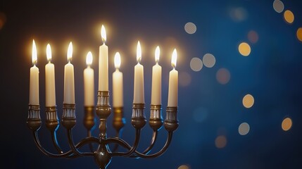 Fototapeta premium Elegant menorah with nine lit candles, symbolizing the celebration of Hanukkah with a blurred festive background