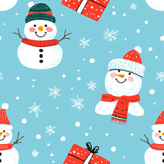 Naklejka premium Christmas new year winter seamless pattern with snowmans, gifts on light blue background with snow and snowflakes for textile, banners, wallpaper, packaging, greeting