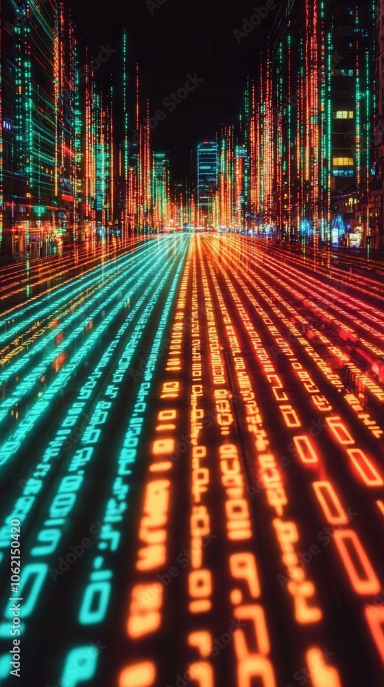 Poster a vibrant representation of digital data flow, featuring glowing binary codes and futuristic citysca