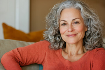 Naklejka premium A smiling elderly woman with curly hair sits comfortably at home
