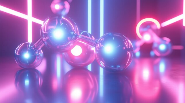 3D molecular structure with neon pink and blue lighting in a futuristic setting