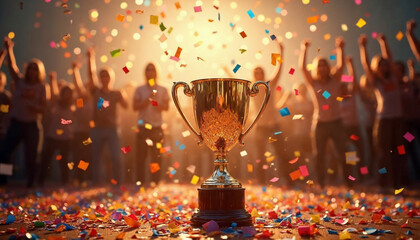 Golden trophy amidst colorful confetti, celebrating triumph and success with cheering silhouettes.

