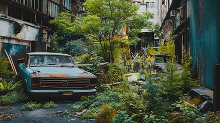 Obraz premium Nature Reclaims Abandoned Building with Overgrown Cars