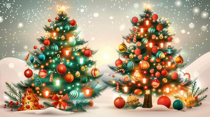 festive scene featuring two beautifully decorated Christmas trees adorned with colorful ornaments, lights, and gifts, creating joyful holiday atmosphere