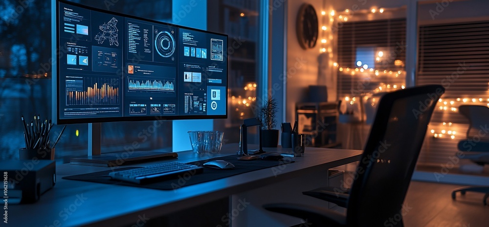 Poster A modern home office desk with a computer displaying data and charts, a keyboard, a mouse, and an office chair in the background.