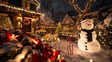 snowman surrounded by festive holiday decorations creates magical winter scene. charming atmosphere is enhanced by twinkling lights, snow covered plants, and cheerful ornaments