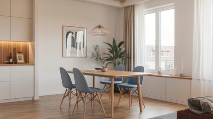 Fototapeta premium a living room with a couch, table, and a lamp.