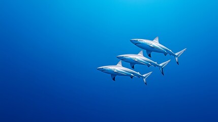 Shark silhouettes against a bright light underwater in the ocean.
