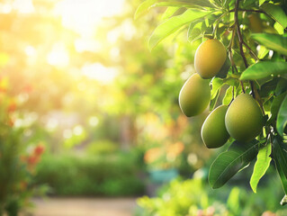 Lush mango tree with developing fruits in a vibrant garden during sunrise