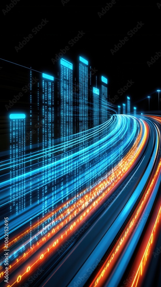 Poster abstract digital background with vibrant light trails and data streams, representing technology and 