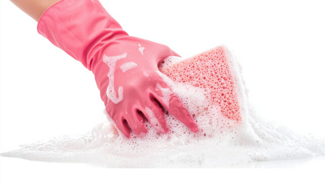 Cleaning with a pink sponge and gloves in a bright environment - Powered by Adobe