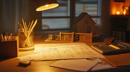 Close-up on a financial planner desk showing a property loan document, amortization schedule, and credit analysis, illuminated with soft inspirational lighting, representing the journey toward home