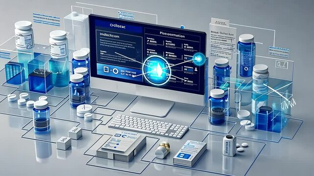 A modern laboratory setup showcases a computer with digital information alongside various medication containers and vials, used for research and analysis