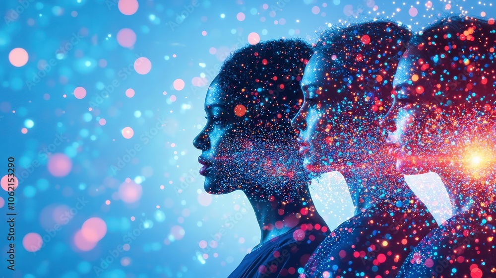 Poster the woman embraces her inner universe while exploring dimensions of self through colorful sparkles a
