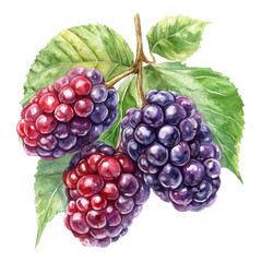 Fototapeta premium A vibrant illustration of ripe blackberries, featuring rich colors and lush green leaves, capturing their natural beauty.