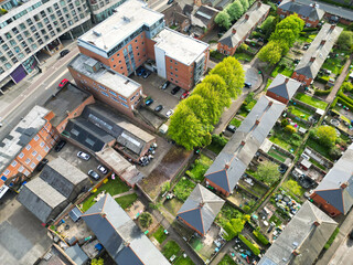 High Angle View of Buildings at Downtown Central Northampton City of East Midlands Region of England Great Britain. Aerial Footage Was Captured with Drone's Camera From Medium High Altitude on April 2