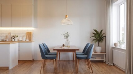 Fototapeta premium a living room with a couch, table, and a lamp.