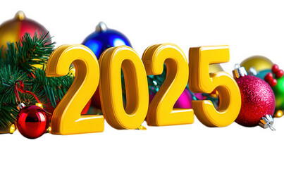 A bold 3D "2025" in yellow with festive Christmas ornaments, combining New Year and Christmas celebrations in one.

