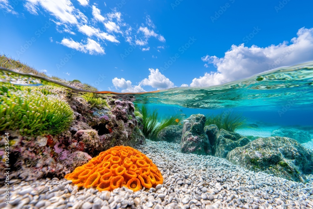 Poster with a copy space, an empty underwater ocean bottom background can be seen
