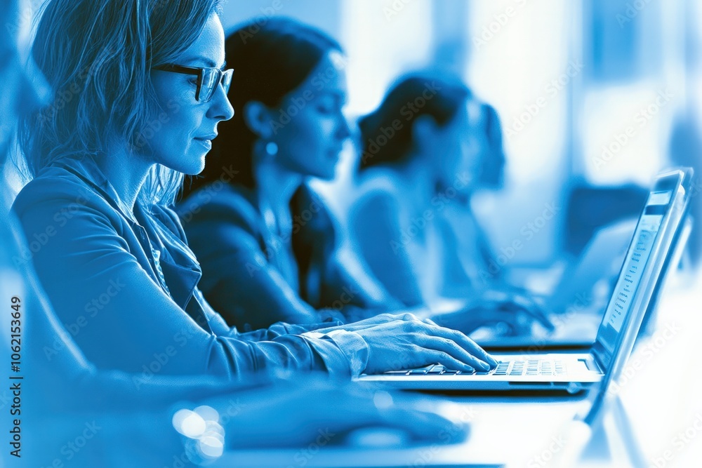 Poster focused professionals enhance skills through collaborative learning environments in modern workspace