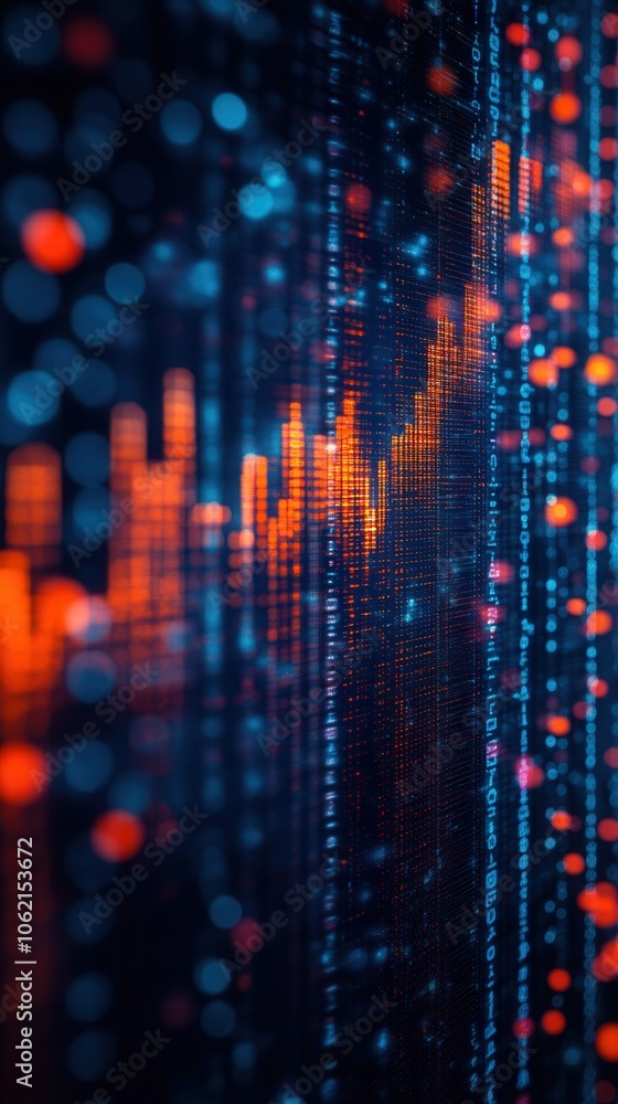 Poster abstract digital data visualization with vibrant colors showcasing stock market trends and analytics