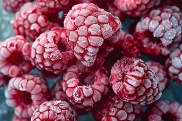 Freshly frozen raspberries with frost details on display in close-up view