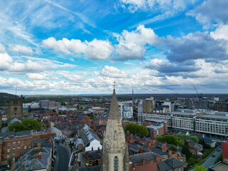 High Angle View of Buildings at Downtown Central Northampton City of East Midlands Region of England Great Britain. Aerial Footage Was Captured with Drone's Camera From Medium High Altitude on April 2