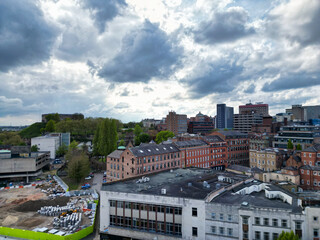 High Angle View of Buildings at Downtown Central Northampton City of East Midlands Region of England Great Britain. Aerial Footage Was Captured with Drone's Camera From Medium High Altitude on April 2