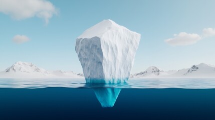 Obraz premium Floating iceberg in the ocean with its visible and underwater parts. Illustration created with 3D rendering.