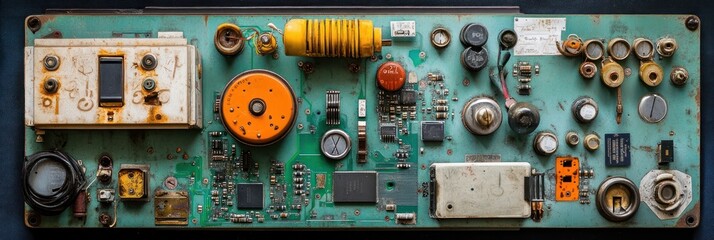 Vintage circuit board with various components.