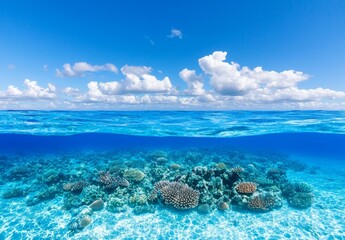 Fototapeta premium . Underwater blue ocean, deep blue ocean, waves with sun beams, world oceans day banner with copyspace, fresh water lake, sea water, world ocean day.