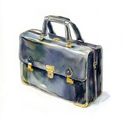 Watercolor Illustration of a Classic Black Briefcase with Golden Accents, Ideal for Business Concepts