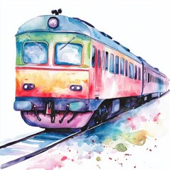 Watercolor Train Illustration: A vibrant depiction of a colorful train on tracks, perfect for travel-related designs or art projects.