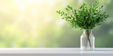 Obraz premium A close-up of a glass vase with green twigs on a white table