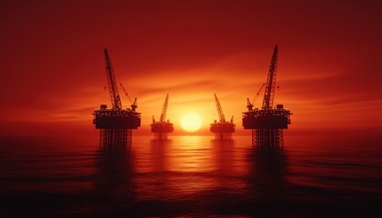 Obraz premium Oil rigs working at sunset with dramatic sky reflection, ideal for themes of energy dependence, fossil fuels, and industrial impact